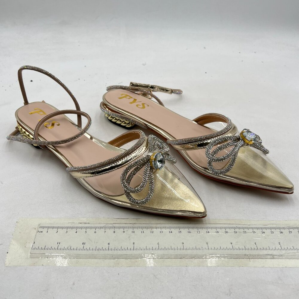 FYS Gold Pointed Toe Slingback Clear Block Low Heels Sparkly Rhinestone Sandals - Picture 4 of 8